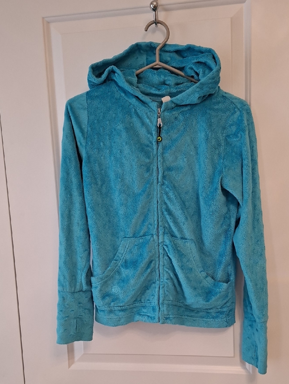 Lime Apple Kids Plush Zip-Up Hoodie Jacket - Turquoise Thumbholes size 14
